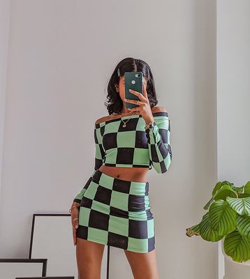 Labelrail x Pose and Repeat off shoulder crop top in lime checkerboard - part of a set-Multi