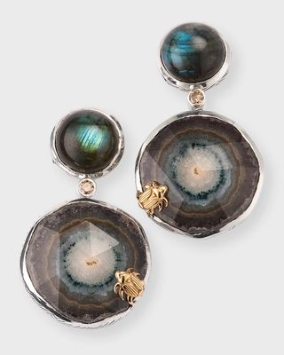 Labradorite and Quartz Stalactite Slice Drop Earrings with Diamonds