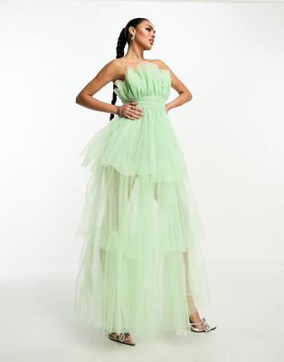 Lace & Beads bandeau tulle high low maxi dress in apple green