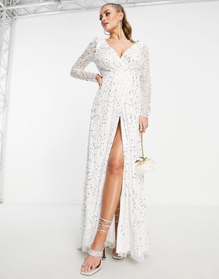 Lace & Beads Bridal embellished maxi dress with train in ivory-White