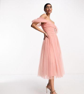 Lace & Beads Bridesmaid off shoulder midi dress in blush-Pink
