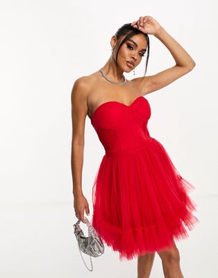 Lace & Beads corset tulle overlay mini dress in red