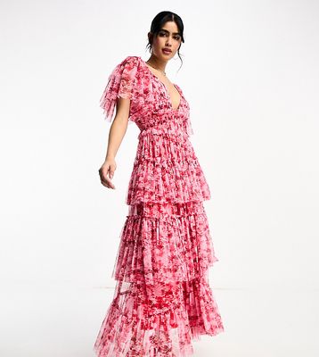 Lace & Beads Exclusive flutter sleeve ruffle maxi dress in red floral