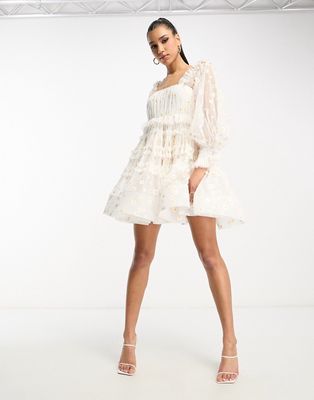 Lace & Beads exclusive long sleeve tulle smock mini dress in white daisy