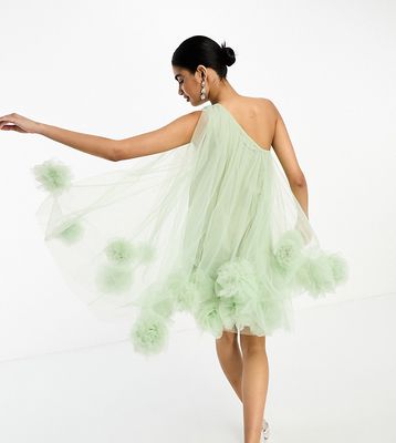 Lace & Beads exclusive one shoulder ruffle hem tulle mini dress in sage-Green