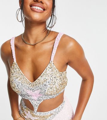 Lace & Beads exclusive star crop top set in sequin-Multi