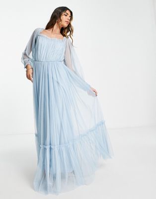 Lace & Beads long sleeve maxi dress in powder blue