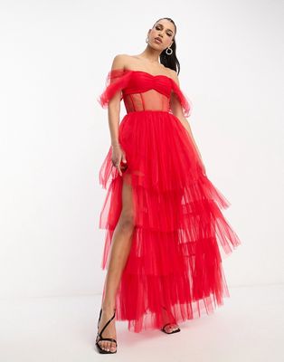 Lace & Beads off shoulder tulle corset maxi dress in red