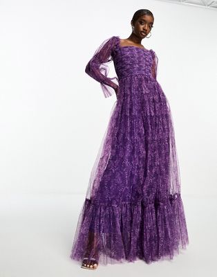 Lace & Beads organza maxi dress with puff sleeves in purple floral print