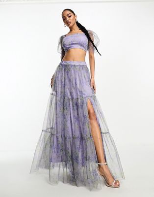 Lace & Beads organza maxi skirt in lilac floral - part of a set-Multi
