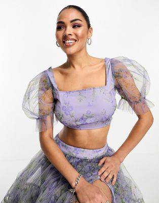 Lace & Beads organza puff sleeve crop top in lilac floral - part of a set-Multi
