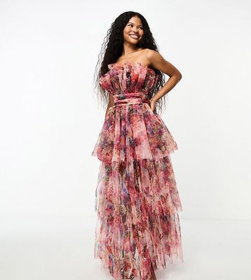Lace & Beads Petite bandeau high low maxi dress in mixed floral-Multi