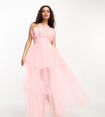 Lace & Beads Petite bandeau tulle high low maxi dress in blush-Pink