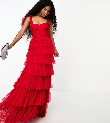 Lace & Beads Petite bow shoulder ruffle maxi dress in red