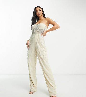 Lace & Beads Petite exclusive dripping crystal sheer jumpsuit in champagne-Gold