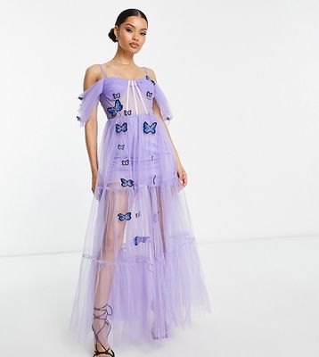 Lace & Beads Petite exclusive sheer corset 3D embroidered pattern dress in lilac-Purple