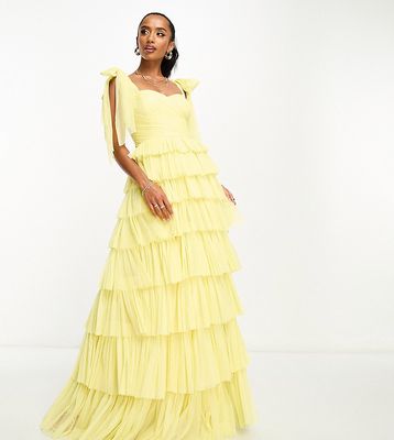 Lace & Beads Petite tiered tie shoulder maxi dress in lemon-Yellow