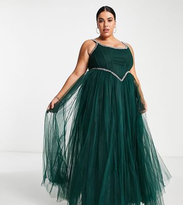 Lace & Beads Plus Exclusive corset embellished maxi dress in emerald green
