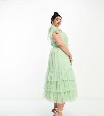 Lace & Beads Plus exclusive tie shoulder tiered midi dress in sage-Green