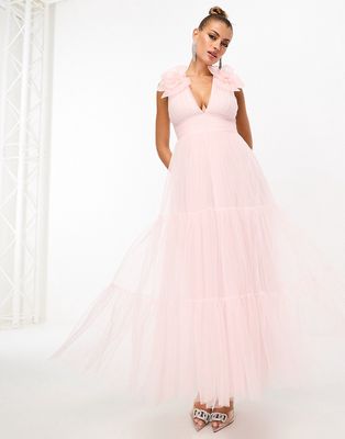 Lace & Beads rose shoulder midaxi dress in powder pink