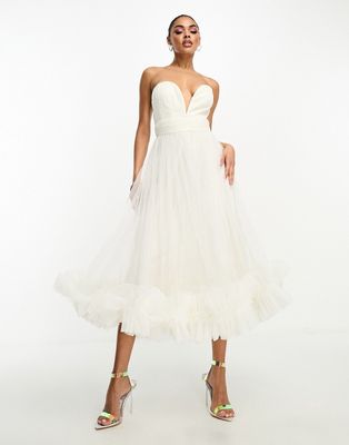 Lace & Beads ruffle hem tulle corset midaxi dress in ivory-White