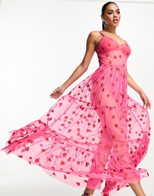 Lace & Beads sheer maxi dress in pink and red heart
