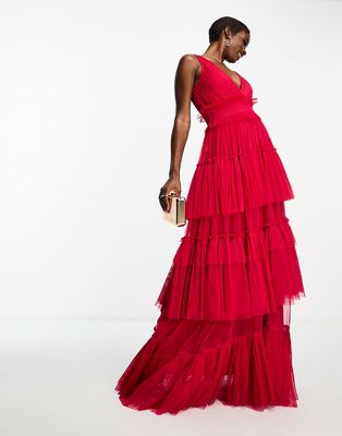 Lace & Beads tulle plunge tiered maxi dress in raspberry-Pink