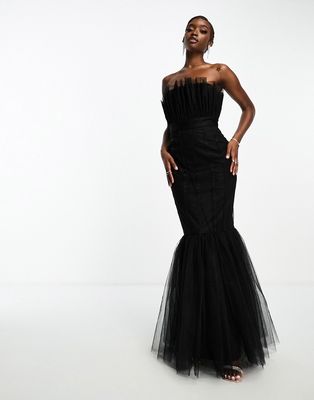 Lace & Beads tulle strapless fishtail maxi dress in black