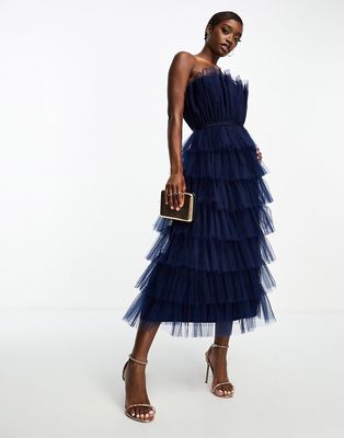 Lace & Beads tulle tiered bandeau midi dress in dark blue