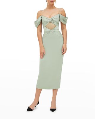 Lace Cutout Off-The-Shoulder Bow Midi Dress