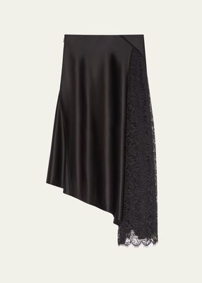 Lace Insert Asymmetric Silk Midi Skirt