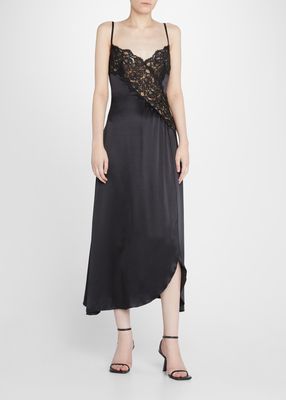 Lace Insert Side-Slit Silk Slip Midi Dress