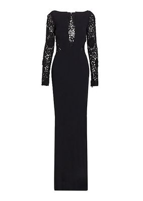 Lace-Paneled Long-Sleeve Gown