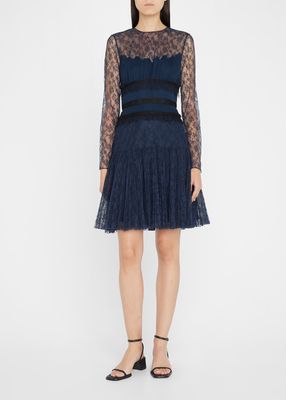 Lace Pleated Ruffle-Trim Cocktail Dress