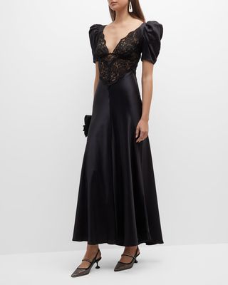 Lace Puff-Sleeve Silk Dress