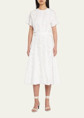 Lace Short-Sleeve Pleated Midi Dress