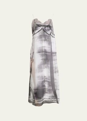 Lace Trim Abstract-Print Midi Slip Dress