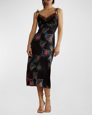 Lace-Trim Abstract-Print Silk Midi Slip Dress