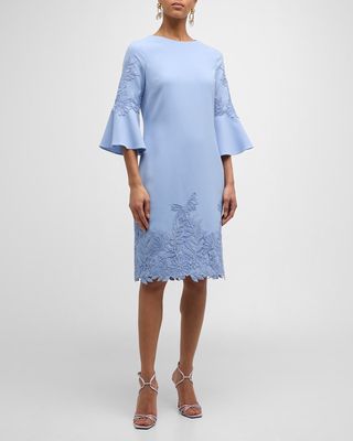 Lace-Trim Bell-Sleeve Crepe Midi Dress