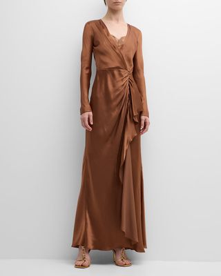 Lace-Trim Long-Sleeve Satin Gown
