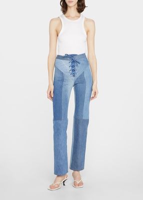Lace-Up Straight Leg Colorblock Cropped Jeans