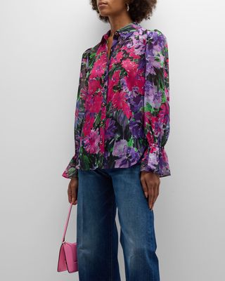 Lacey Floral-Print Button-Down Blouse