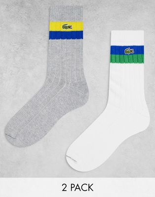 Lacoste 2 pack ribbed crew socks in white and gray