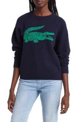 Lacoste Big Croc Cashmere & Wool Crewneck Sweater in 9Tl Marine/Roquette