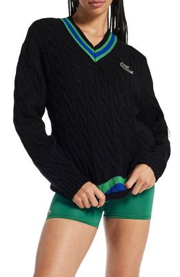 Lacoste Cable Knit Wool Blend Tennis Sweater in Pbi Noir/Calathea-Cobalt