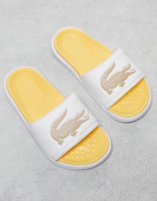 Lacoste Croco Dualiste padded slides in white-Yellow