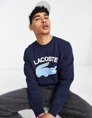Lacoste large logo crew neck sweatshirt in navy