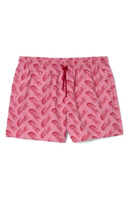 Lacoste Logo Print Cotton Swim Trunks in Ay1 Lighthouse Red/Reseda