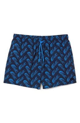 Lacoste Logo Print Cotton Swim Trunks in F65 Navy Blue/Ethereal