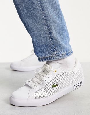 Lacoste powercourt sneakers in white/gold
